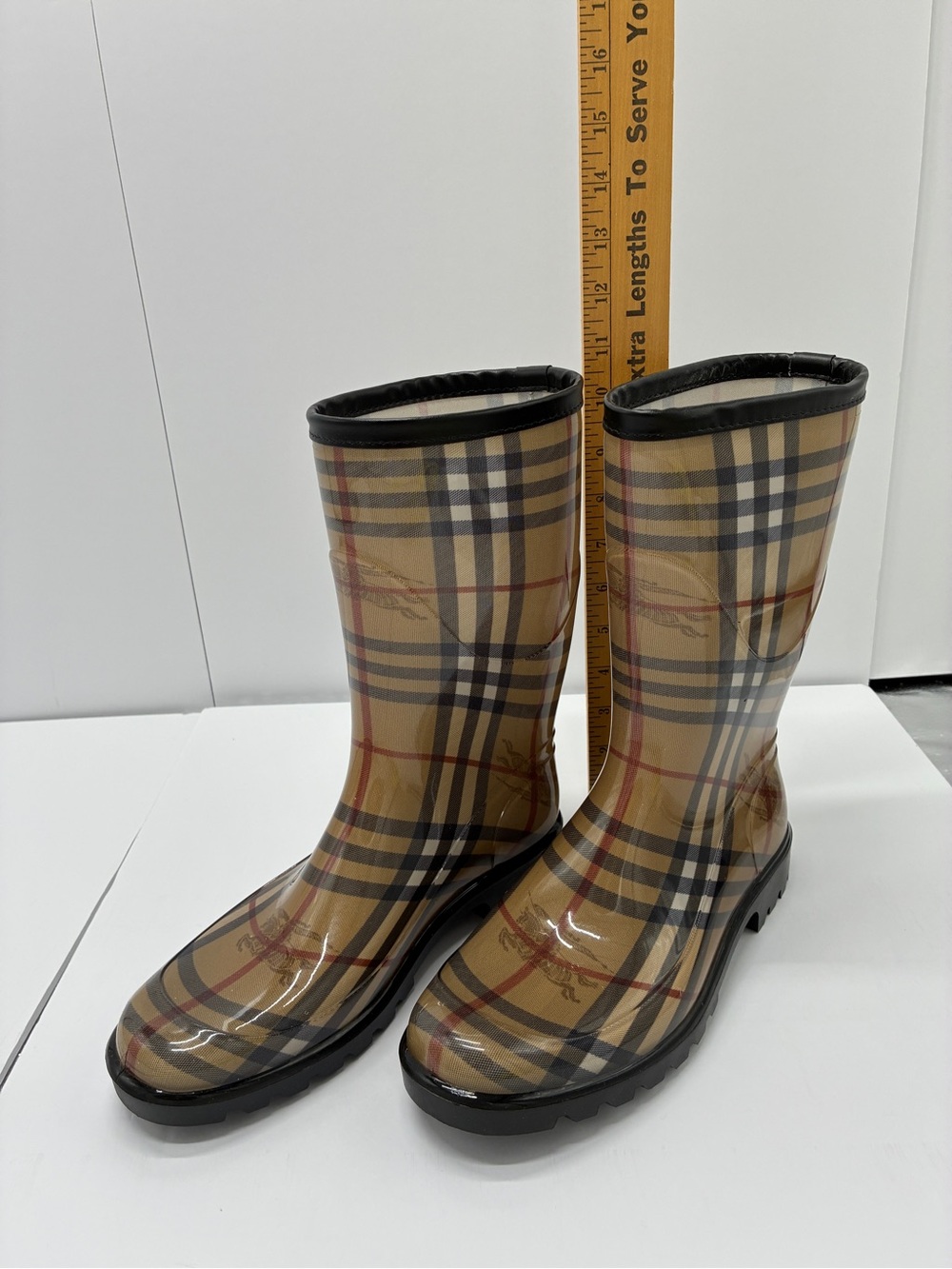 Plaid Tan Waterproof Rain Boots - Women's Sz 8.5/39